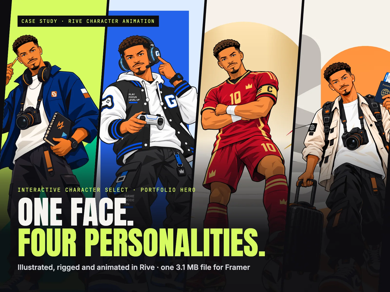 The Artist, Gamer, Athlete and Traveler side by side under the title One face. Four personalities.