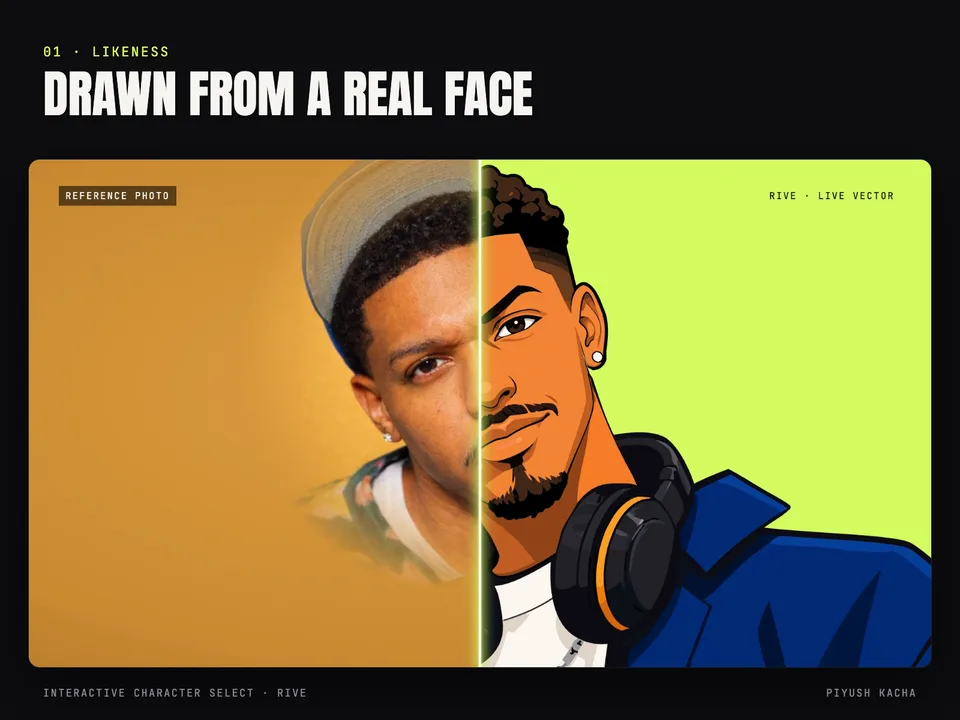 A reference photo and the live Rive vector face, split down the middle